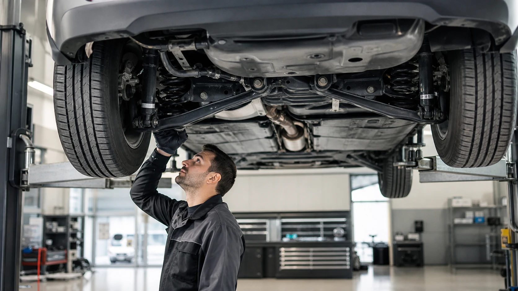 Serviser pregledava podvozje automobila na dizalici