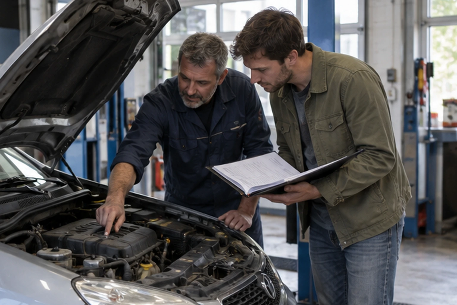 Kupac i mehaničar pregledavaju rabljeni VW Polo